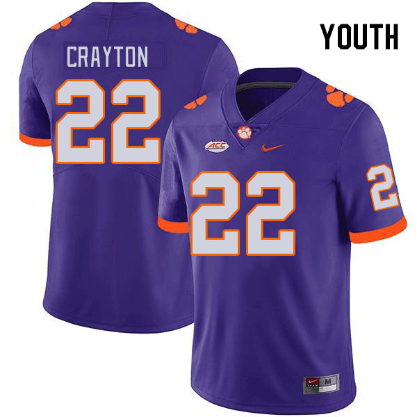 Youth Clemson Tigers Dee Crayton #22 College Purple NCAA Authentic Football Stitched Jersey 23YE30DU
